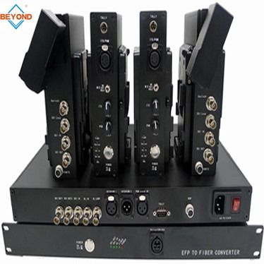 Câmara de televisão a OB Van sobre o conversor do multiplexer da fibra em EFP, registro do apoio, remoto, genlock